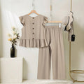 European and american cross-border women's short-sleeve set:  summer new arrival - stylish flutter sleeve top and wide-leg pants two-piece set