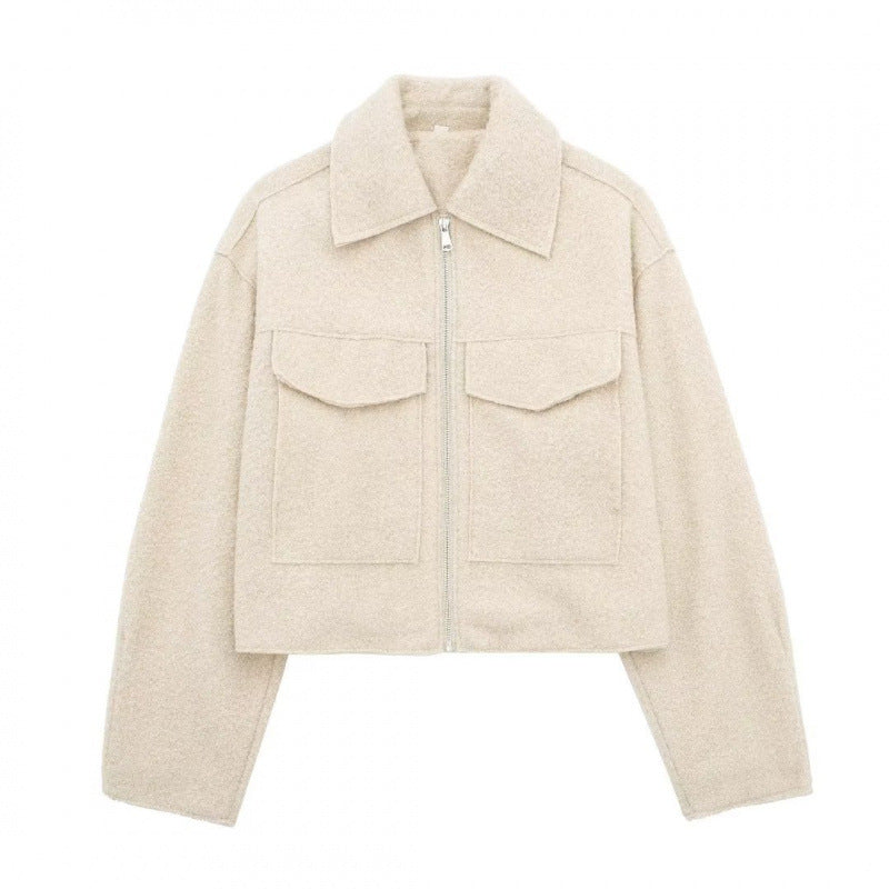spring/autumn women's designer wool blend jacket: unique streetwear style, relaxed fit, cropped length
