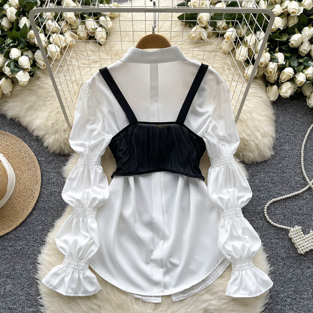 French court style high-end petite set: petal sleeve blouse + fishbone design camisole bandeau top