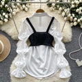 French court style high-end petite set: petal sleeve blouse + fishbone design camisole bandeau top