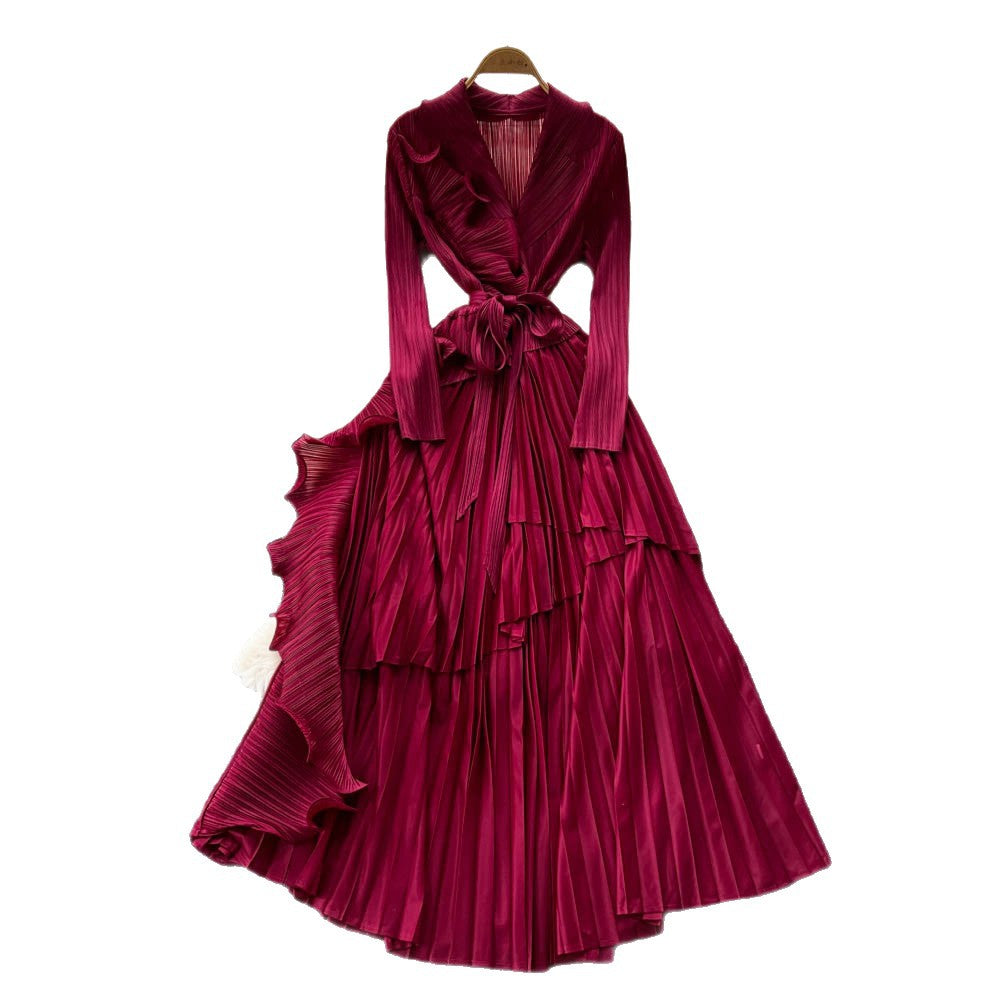 Miya pleated european and american dress women's  autumn sense of design strappy waist suit collar asymmetrical long skirt