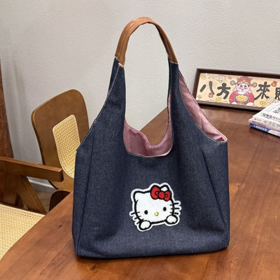 2025 new cartoon kitty denim large capacity tote bag - minimalist shoulder bag, versatile commuter handbag