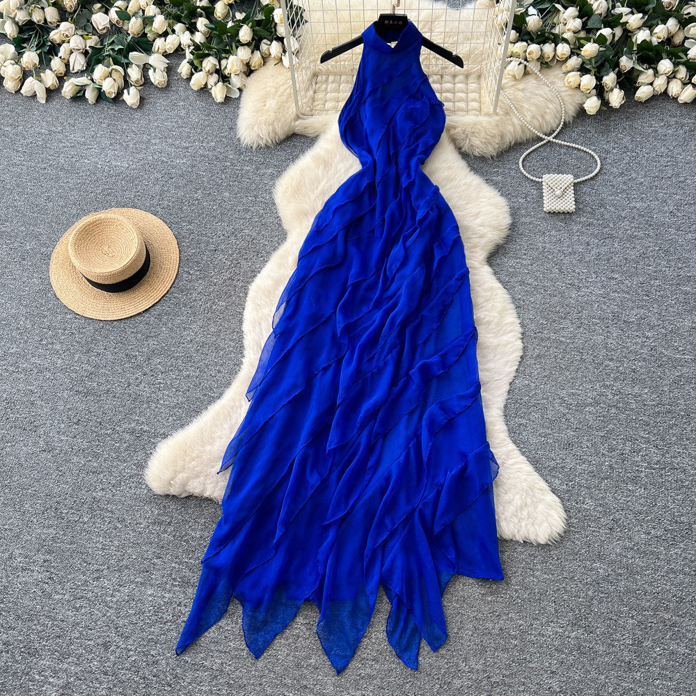 Vacation style haltersexy big backlessdress women's summer blue ruffles hot girl style long skirt slimming look fairy spirit