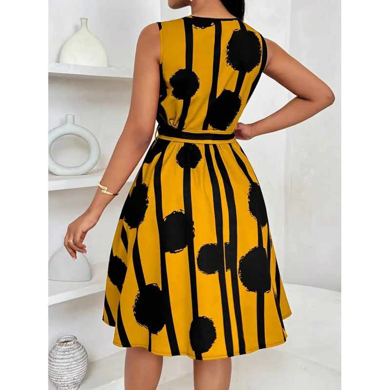 Shipped: european and american summer mid-length fashion new print sleeveless asymmetrical maxi dress