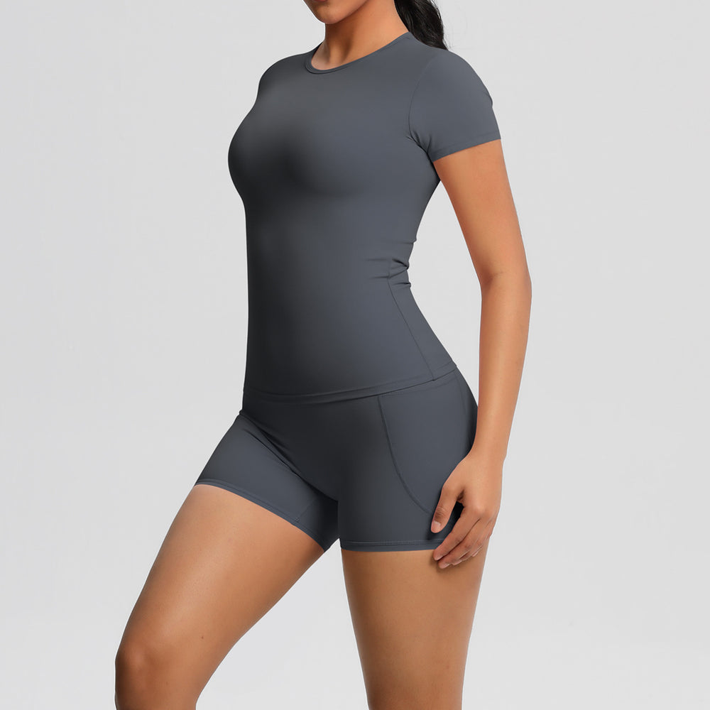 New arrival cross-border fashionpure color double-sided nylon brushed short-sleeved yoga suit sports running fitness two-piece set