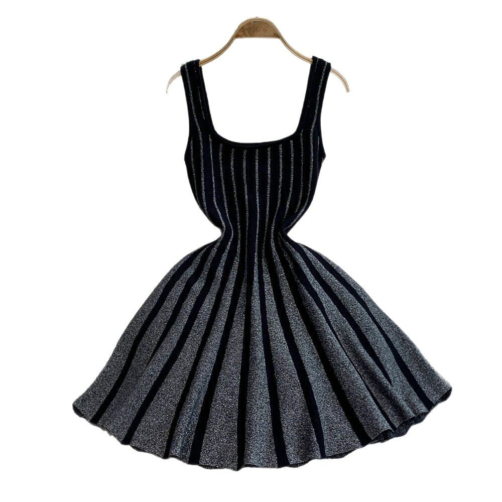 2025new arrivalelegantelegance vertical stripes waist slimming look suspender dress light mature style knitting large hem short skirt for women