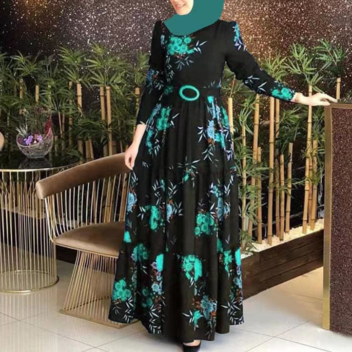 2025 spring new arrival: printed mid-waist four-color elegant commute four-way stretch printed non-fleece maxi dress
