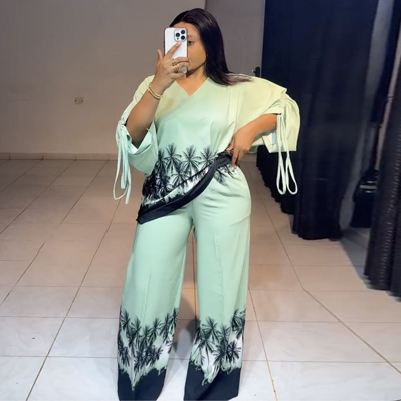 European and american cross-border women's spring  new collection: casual v-neck drawstring printed top and high-waisted wide-leg pants set