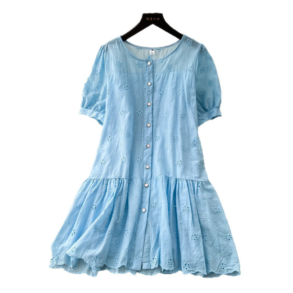 French chic yellow cutout embroidery dress - women's summer short sleeve a-line dress - elegant, slim-fit, and perfect for work