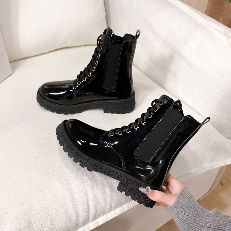 Women's mid-calf chunky heel round toe chelsea boots - 2025 autumn new korean style patent leather women's shoes - comfortable martin boots