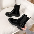 Women's mid-calf chunky heel round toe chelsea boots - 2025 autumn new korean style patent leather women's shoes - comfortable martin boots