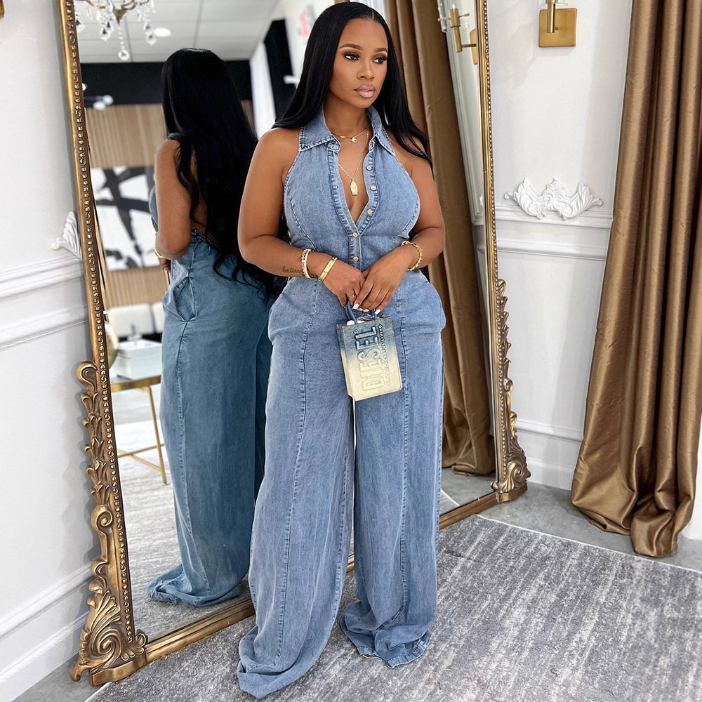European and american style denim jumpsuit  cross-border fall and winternew arrival women's lapel halter single-breasted jumpsuit