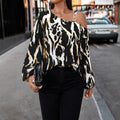 Exportfashion street style satinshirt asymmetrical off-shoulder metal square buckle suspender ink abstract printing long sleeves
