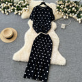 Knitted women's two-piece set:  new arrival, soft & chic style, round neck short sleeve polka dot top with high-waisted slim fit midi skirt