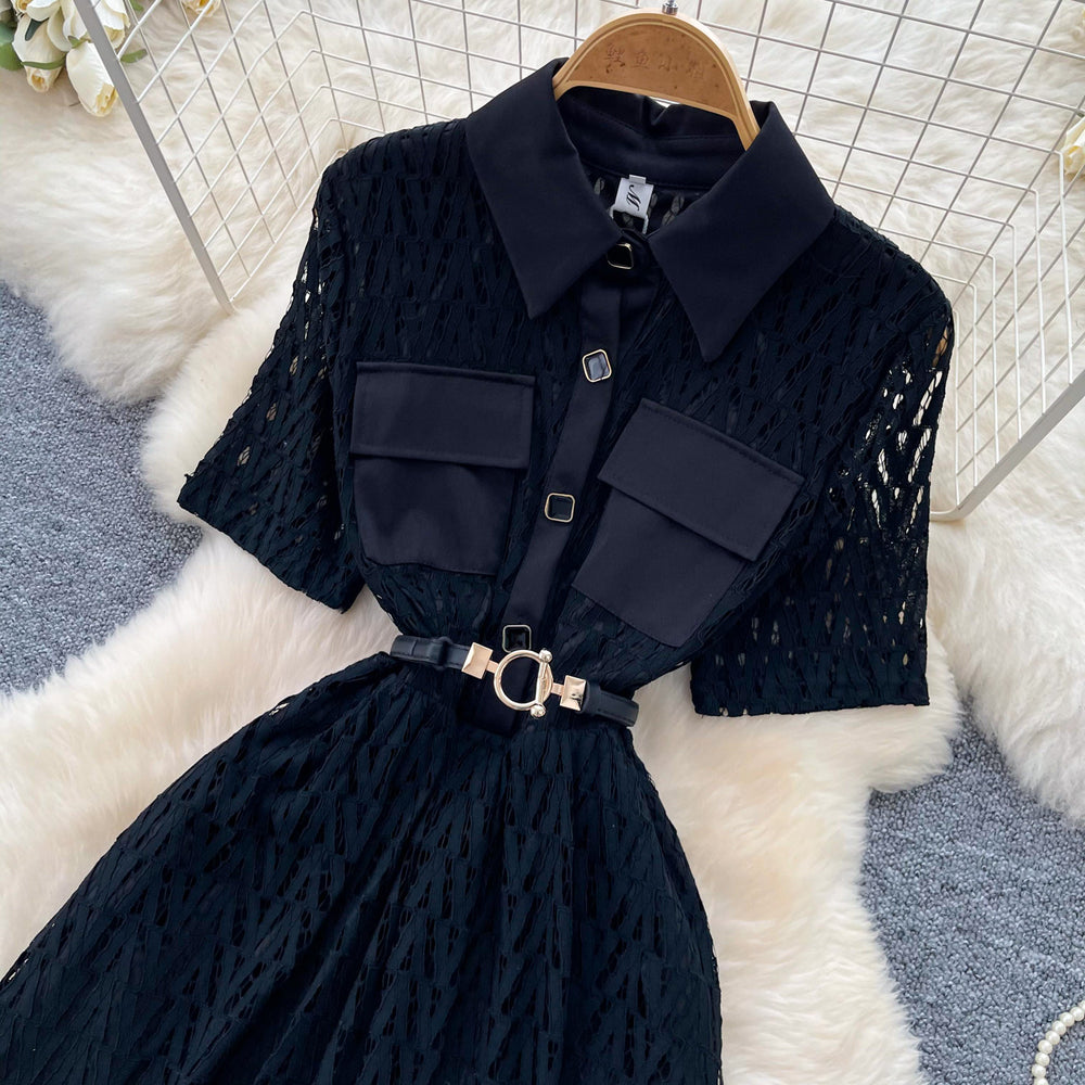 French chic black lace-trimmed dress - summer korean style short sleeve tie-waist slimming a-line maxi dress