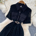 French chic black lace-trimmed dress - summer korean style short sleeve tie-waist slimming a-line maxi dress