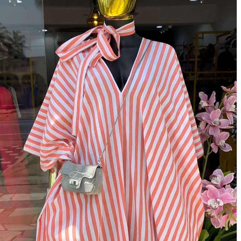 European and american women's clothing 2020 autumn new sweet and fresh loose plus size striped batwing sleeve maxi dress