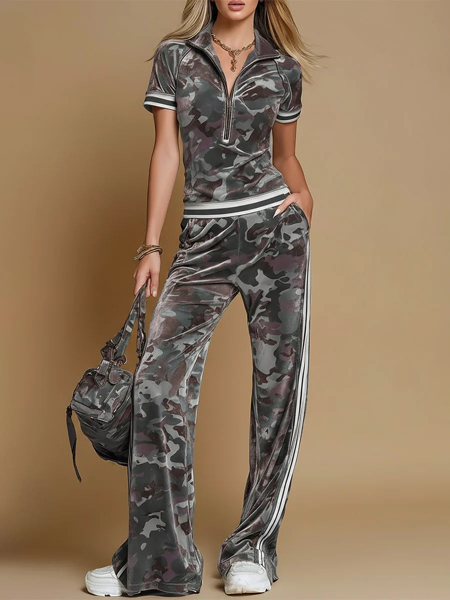 Tk tmeu supply new arrival women's clothing three stripes camouflage american street retrostraight-legcasualtwo-piece set