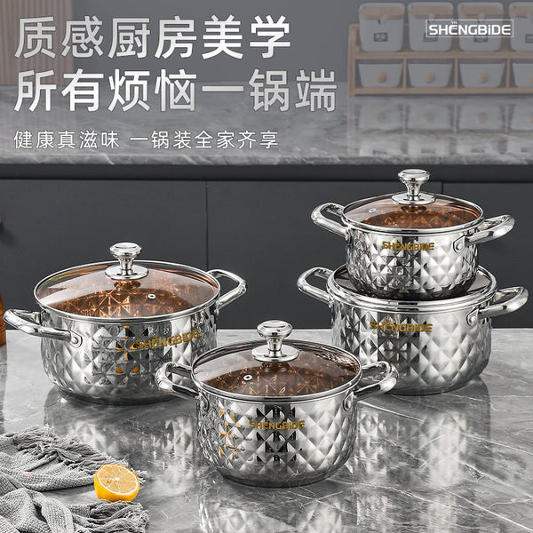 Cross-border cookware high-value diamond pattern household cooking pot soup pot eight-piece combination stainless steel pot set