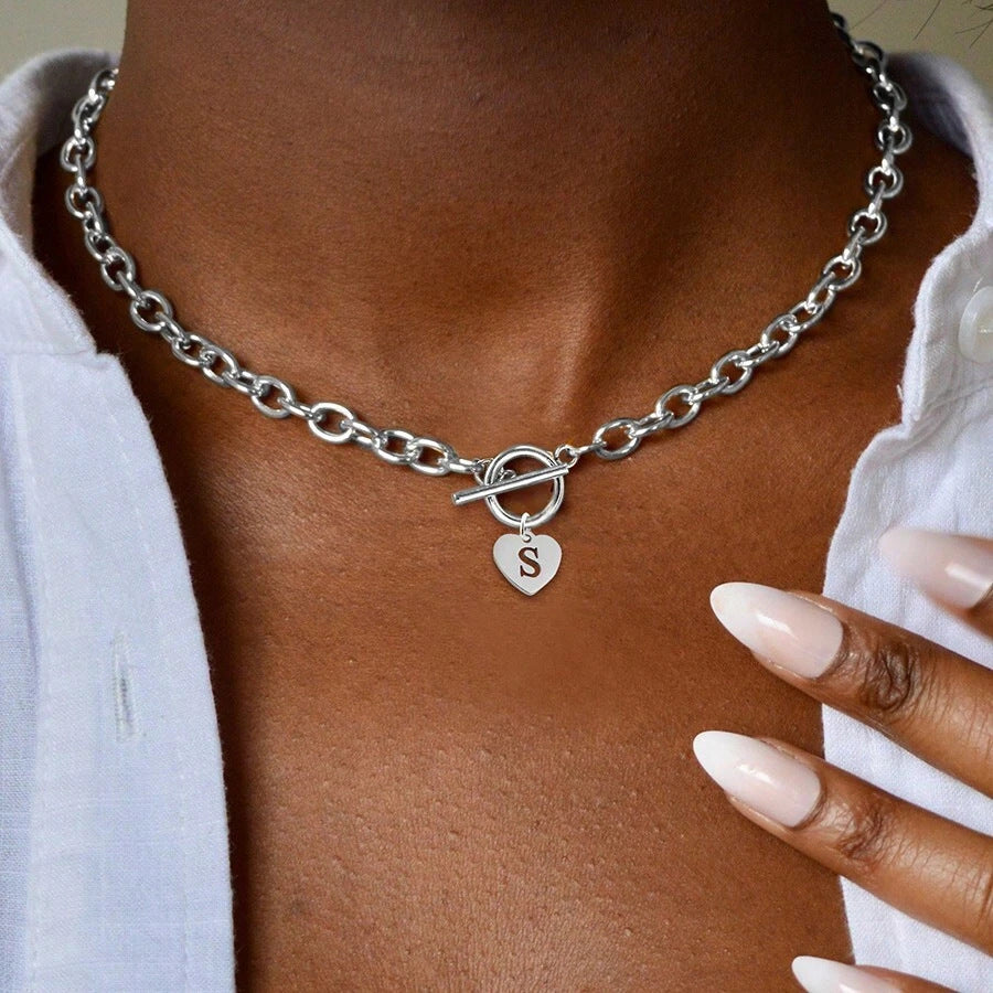 Amazon cross-border new arrival initial necklace stainless steel heart pendant clasp necklace fashionable elegant versatile women's necklace