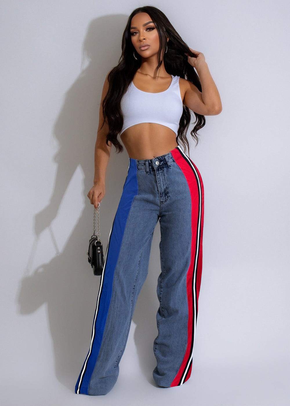 Best selling european and american clothing fashionpatchworkstripescontrast color denim pants new arrivalcasual waist elastic straight-leg pants