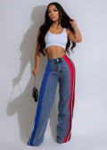 Best selling european and american clothing fashionpatchworkstripescontrast color denim pants new arrivalcasual waist elastic straight-leg pants