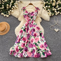 High-end floral print sleeveless dress for women, perfect for summer. elegant, high-waisted, and figure-flattering a-line silhouette, ideal for a sophisticated vacation look