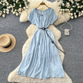 French chic yellow a-line dress - short sleeve, tie-waist, flowy maxi dress for women