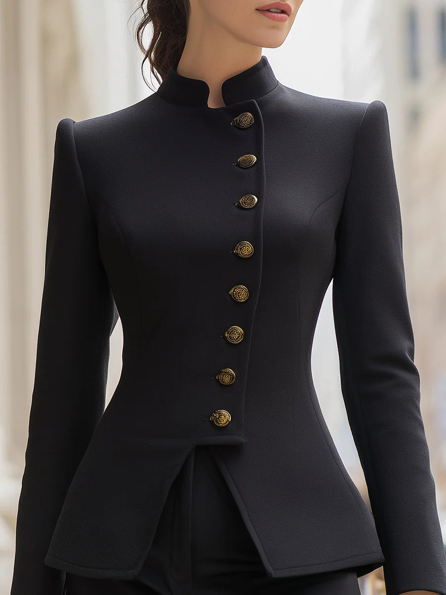European and American  independent station   2025 autumn new women's elegant turtleneck button blazer