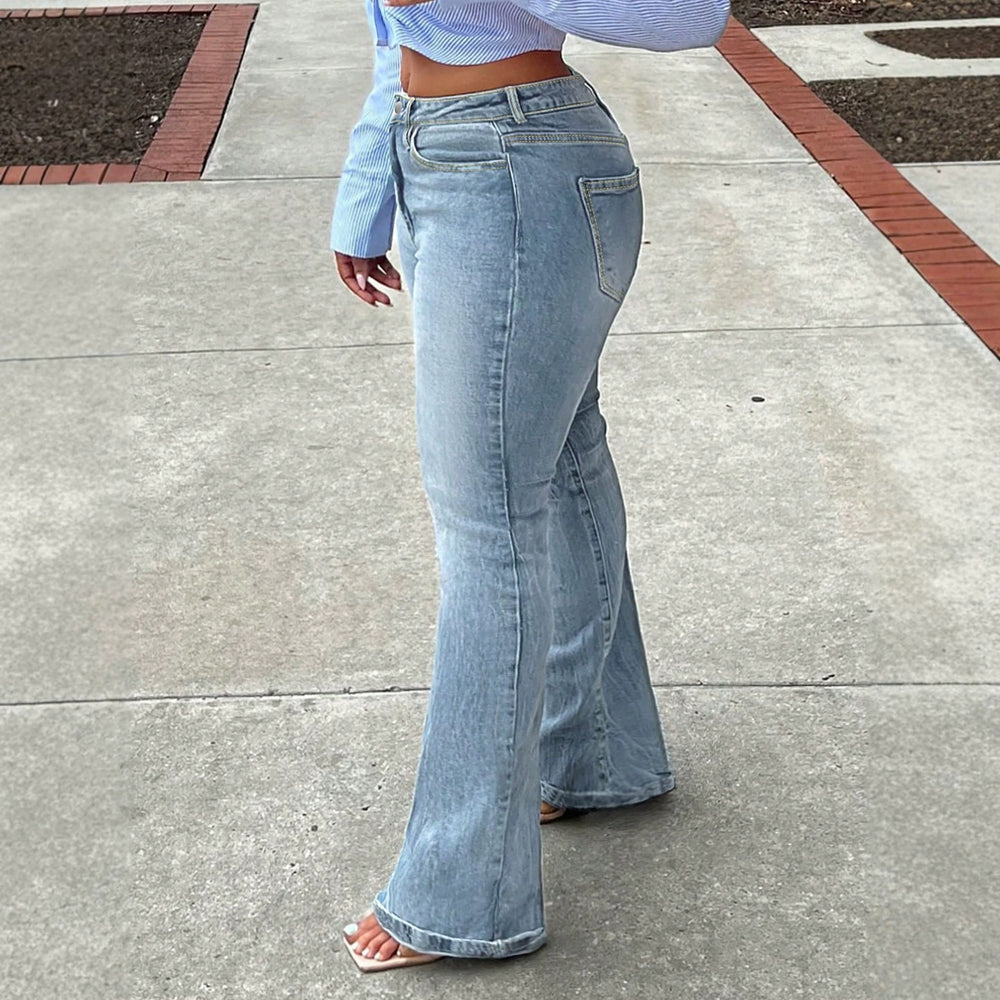 Fashionjeans women's light blue washed high waist elastic bootcut pants retro polished white hip-covering mop denim pants