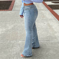 Fashionjeans women's light blue washed high waist elastic bootcut pants retro polished white hip-covering mop denim pants