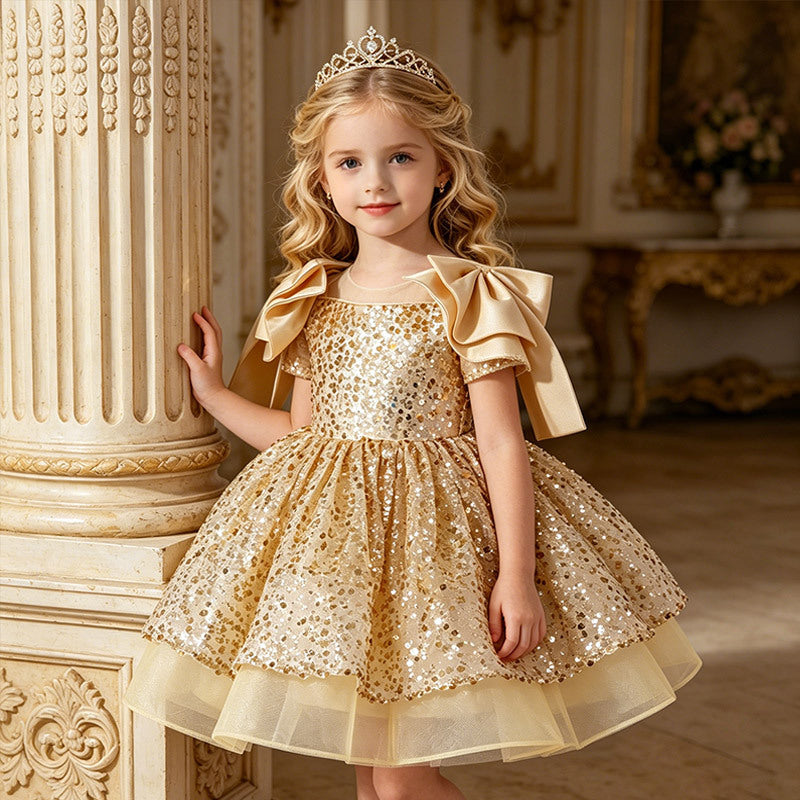 Girls' formal dress - knee-length puffy skirt with sequin accents - perfect for parties, fashionable kids' princess dress, birthday outfit - in stock