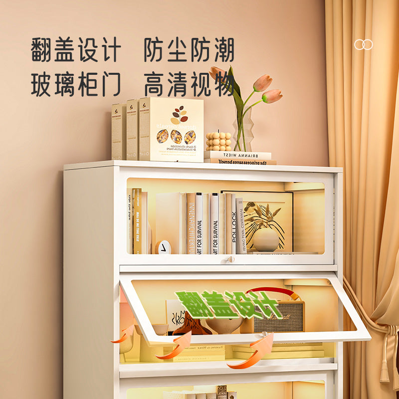 Steel bookcase with glass doors, kids' bookshelf, home living room storage cabinet, dustproof display cabinet, iron art shelf
