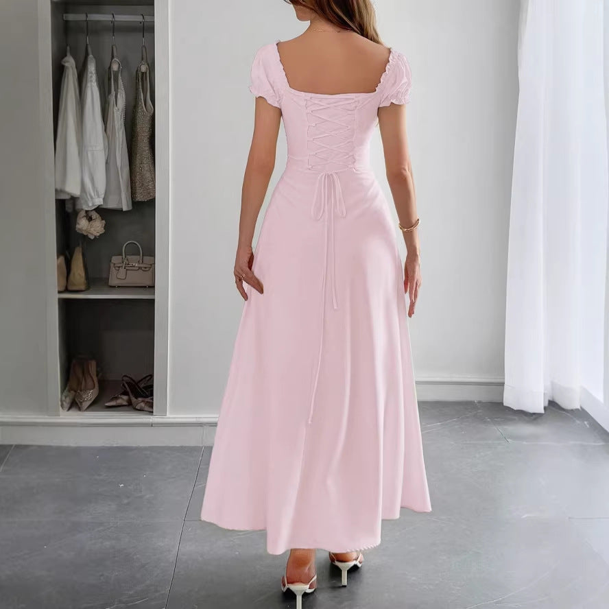 european and american cross-border new solid color fashion bandage pink dress