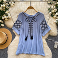 French ethnic style heavy industry embroider short-sleeved t-shirt women's korean style looseslimming look round neck tassel tops