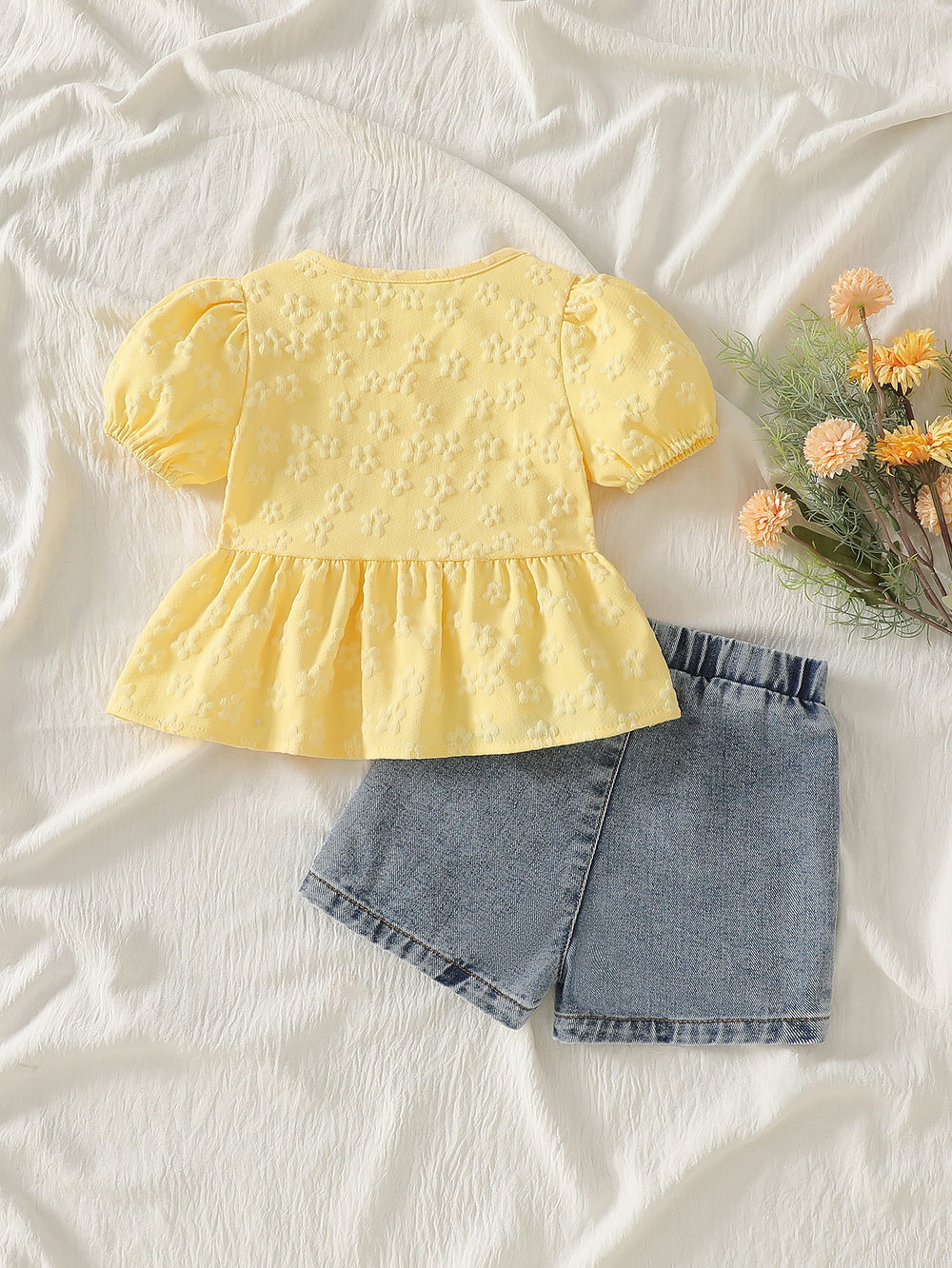 hot selling baby girl princess sleeve bow top + 3d floral denim shorts two-piece set