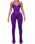 European and american cross-border women's fashion:  autumn new arrival - solid color sleeveless halter neck sexy top & leggings casual set