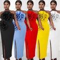 C7039 cross-border   independent station fashion women's solid color sleeveless slit dress new