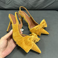 Z brand bow-embellished velvet pointed-toe mules, yellow high heels, 2024 spring new collection, low-cut fashion sandals