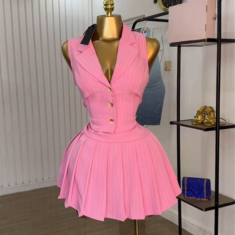 European and american cross-border women's fashion  summer new pink blazer collar button-down striped vest pleated midi skirt set