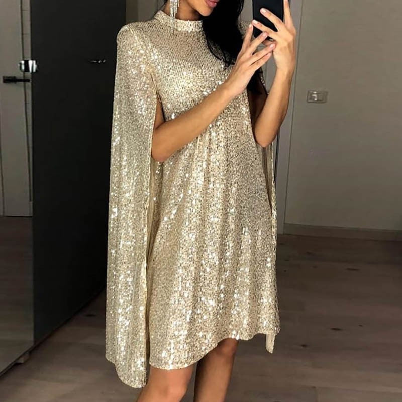 spring new    european and american foreign trade small stand collar sequin dress loose women's clothing