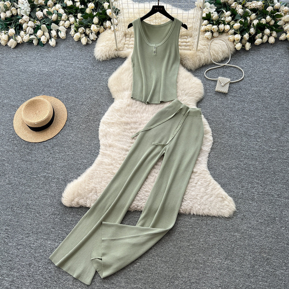 Light mature style v neck sleeveless vest high waistloose pants women's summercasualknittingtwo-piece setelegantwork clothingsuit