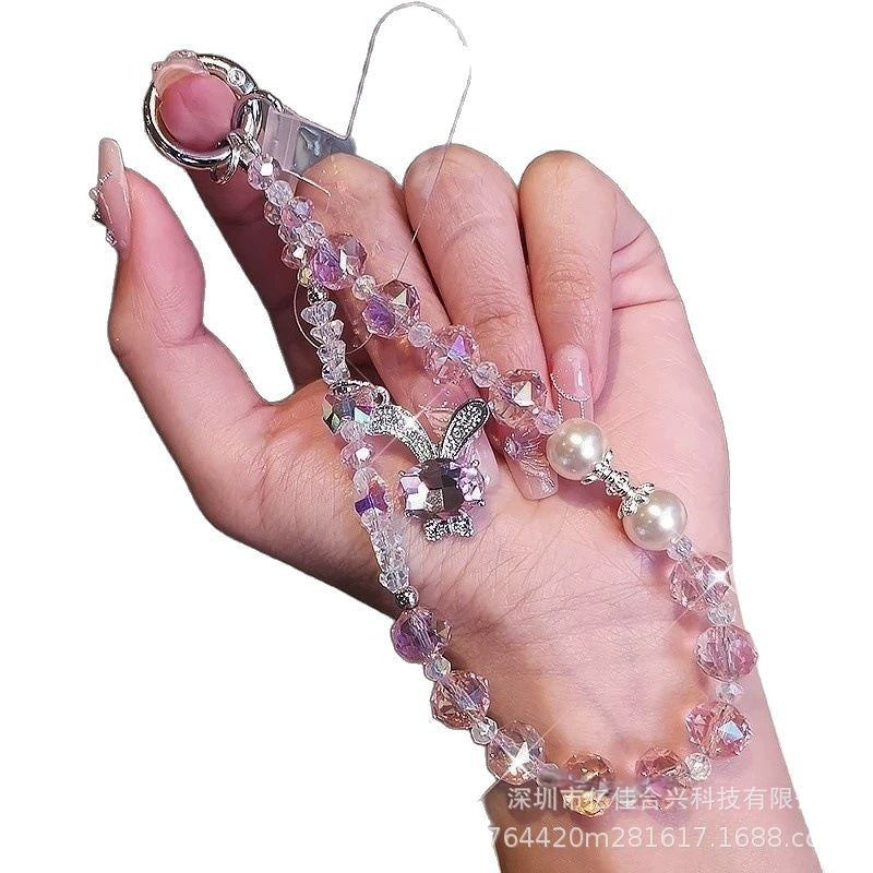 New arrival crystal pearl crystal lanyard beaded mobile phone hanging chain wholesale dream rabbit rhinestone pendant foreign trade cross-border