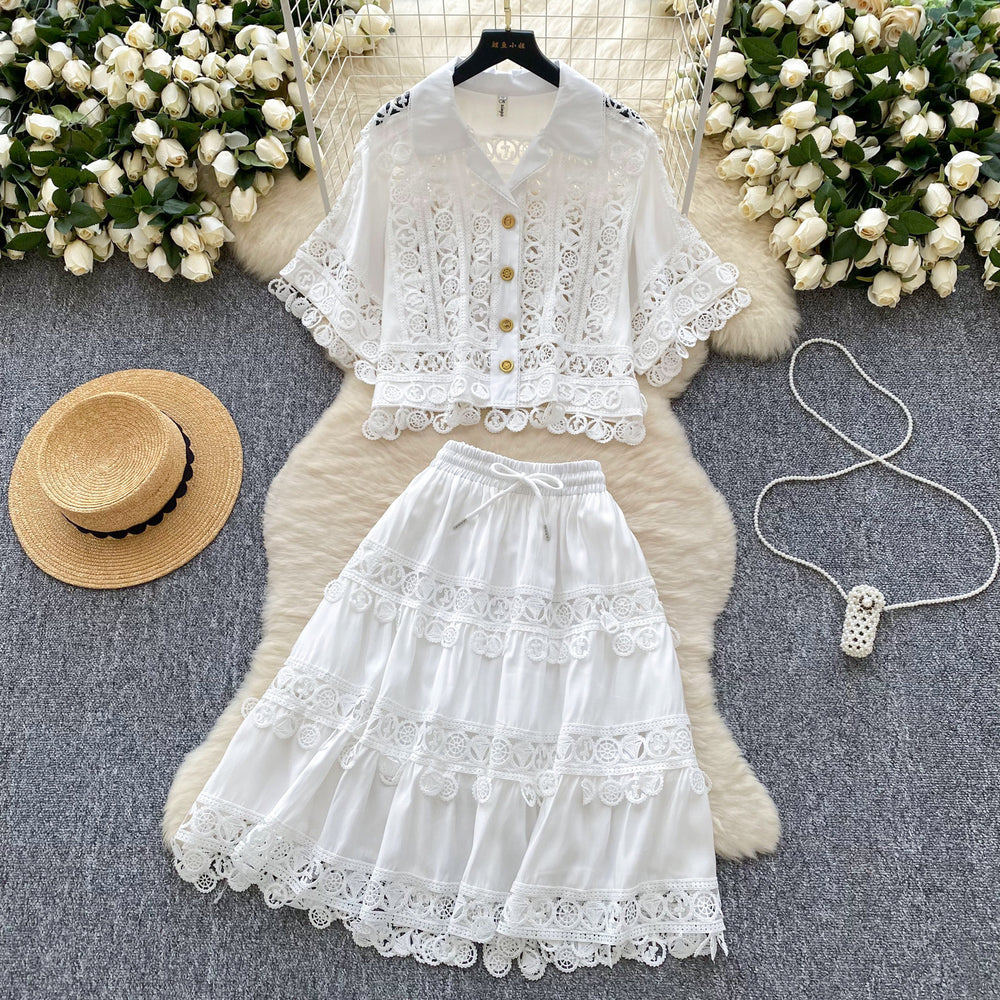 Fashionexportfrench palace style lacecut out crochet shorttopshigh waistlacepatchwork skirtsuit