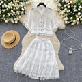 Fashionexportfrench palace style lacecut out crochet shorttopshigh waistlacepatchwork skirtsuit