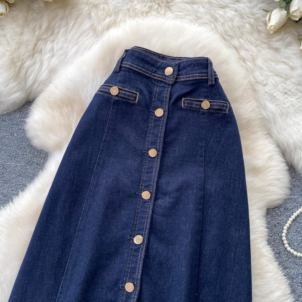 K-style multi-breasted denim slit skirt for women summerhigh waistslimming looka-line mid-length skirt work clothingclassy