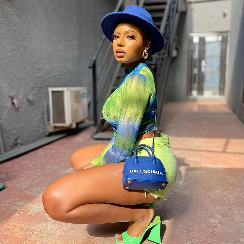 Europe and the United States 2022 summer new ins style temperament commuter printing round neck slim mesh long sleeve pullover button T-shirt