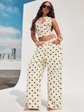 Women's off-white polka dot print high-waisted wide-leg denim pants - hot girl style casual trousers - new  collection