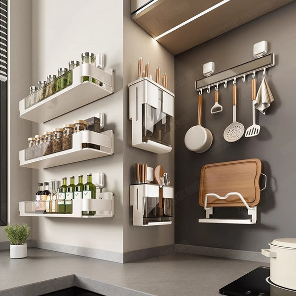 Kitchen milk white suction cup rack household wall wall hanging non-punching knife holder pot lid holder seasoning storage set