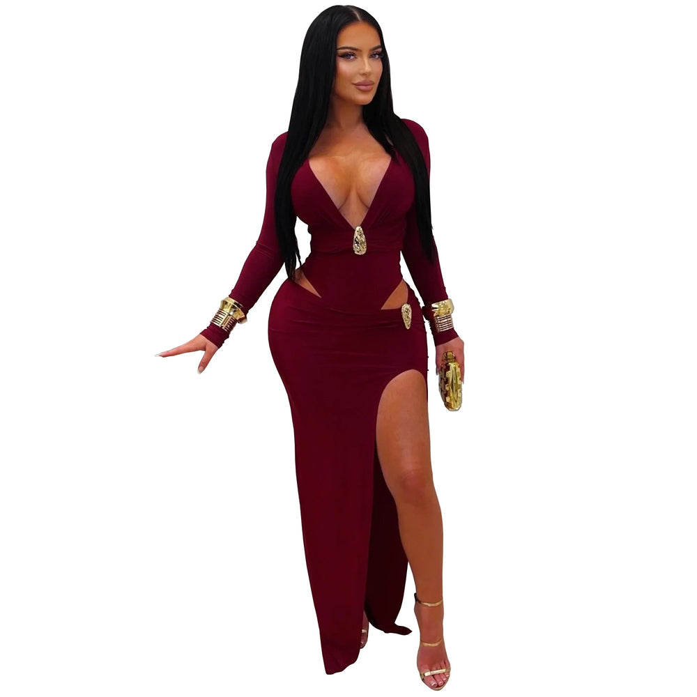 C7631 cross-border   fashion women's sexy v-neck solid color long sleeve bodycon dress